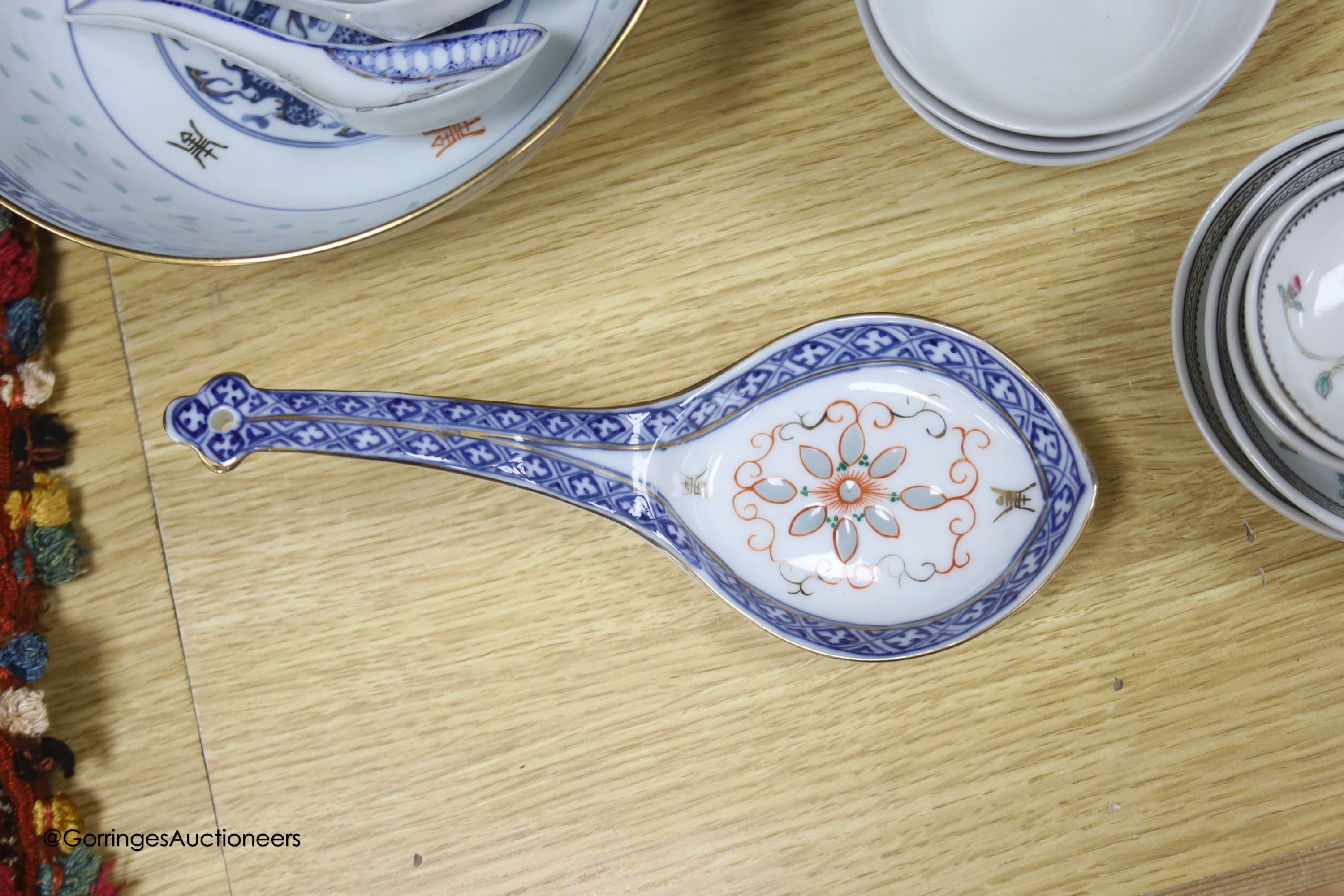 A group of Chinese famille rose bowls and 'dragon' rice supper wares